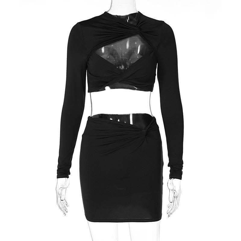 Knotted hollow out solid ruched long sleeve mini skirt set-final-sale