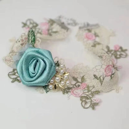 Rose applique lace faux pearl choker necklace