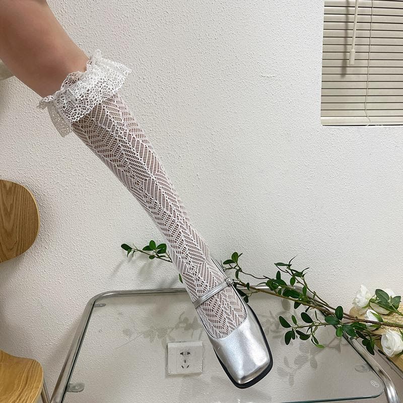 Sheer lace ruffle solid thigh high socks