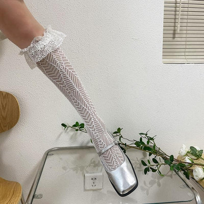 Sheer lace ruffle solid thigh high socks