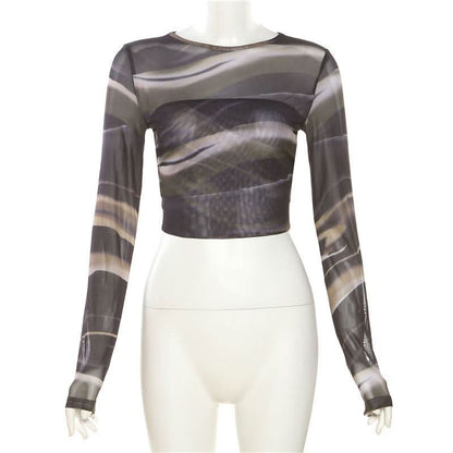 Long sleeve crewneck mesh backless crop top