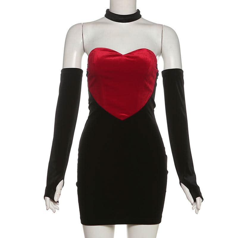 Sweetheart pattern gloves velvet mini dress