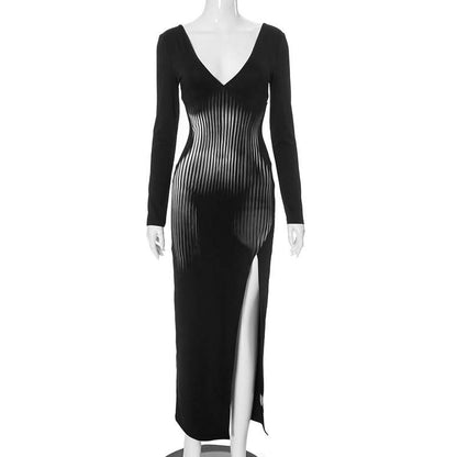 Slit long sleeve deep V neck print backless maxi dress