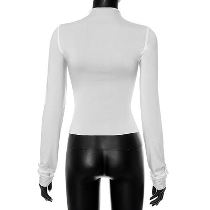 Bowknot contrast high neck long sleeve ruffle top