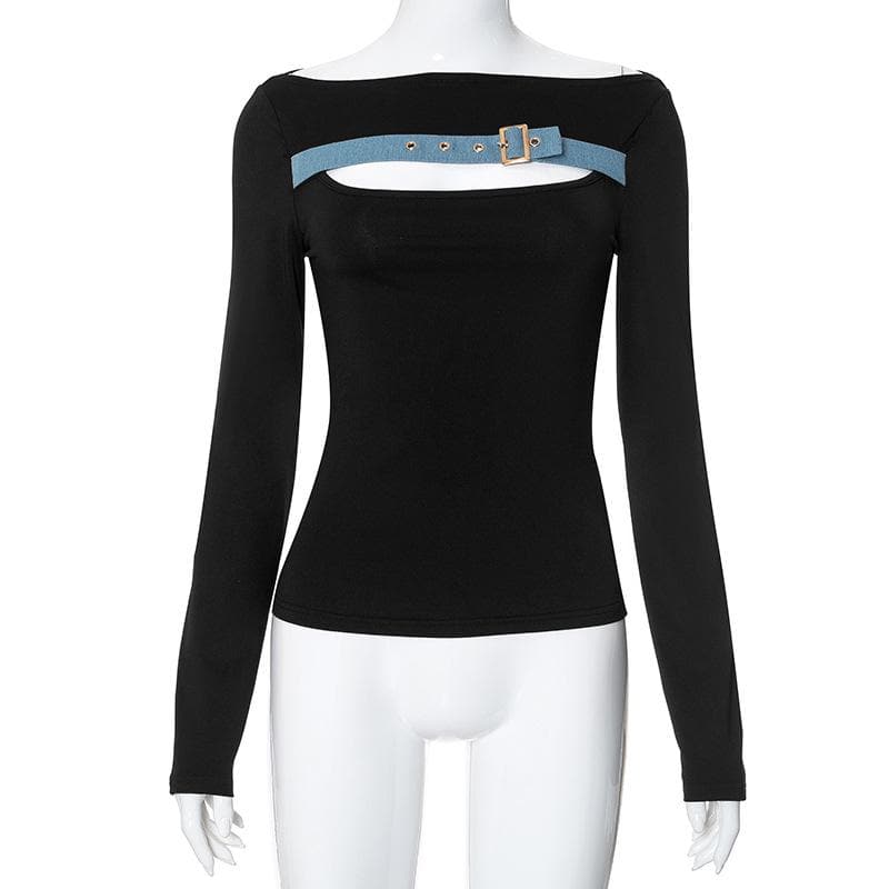 Long sleeve off shoulder buckle hollow out contrast cut out top