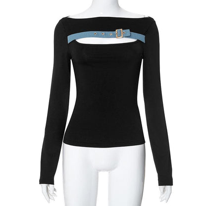 Long sleeve off shoulder buckle hollow out contrast cut out top