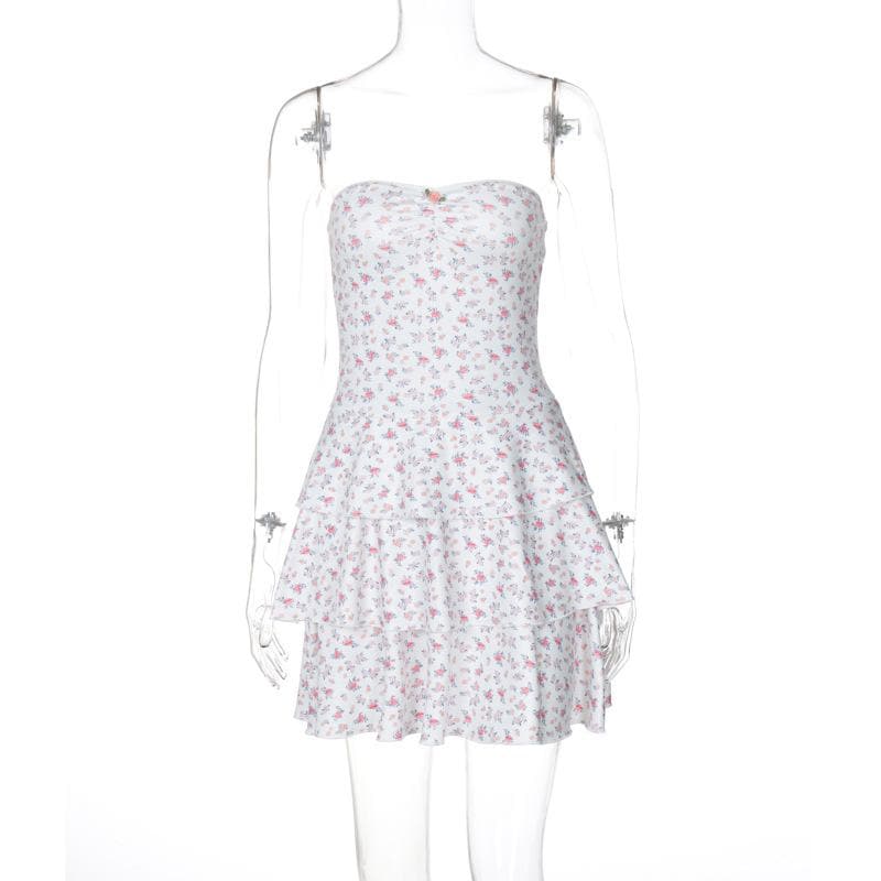 Print sweetheart neck rose applique ruched tube mini dress