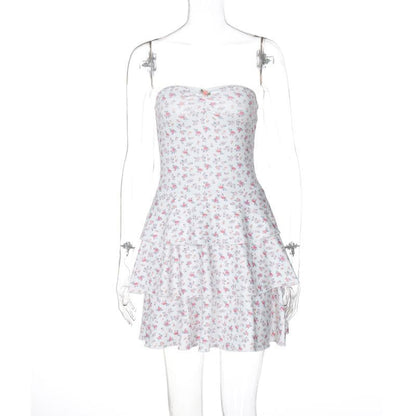 Print sweetheart neck rose applique ruched tube mini dress