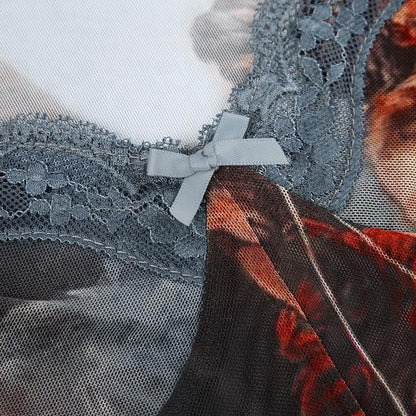 Abstract contrast mesh long sleeve lace hem bodysuit