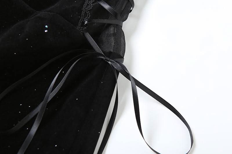 Sweetheart neck velvet lace up mesh beaded mini dress