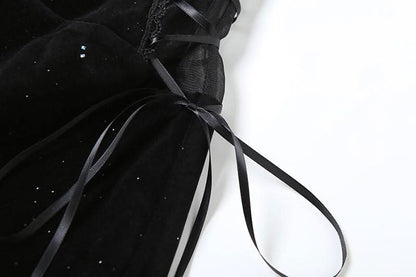 Sweetheart neck velvet lace up mesh beaded mini dress