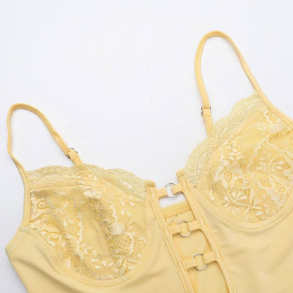 Hollow out v neck lace hem ruched cami mini skirt set