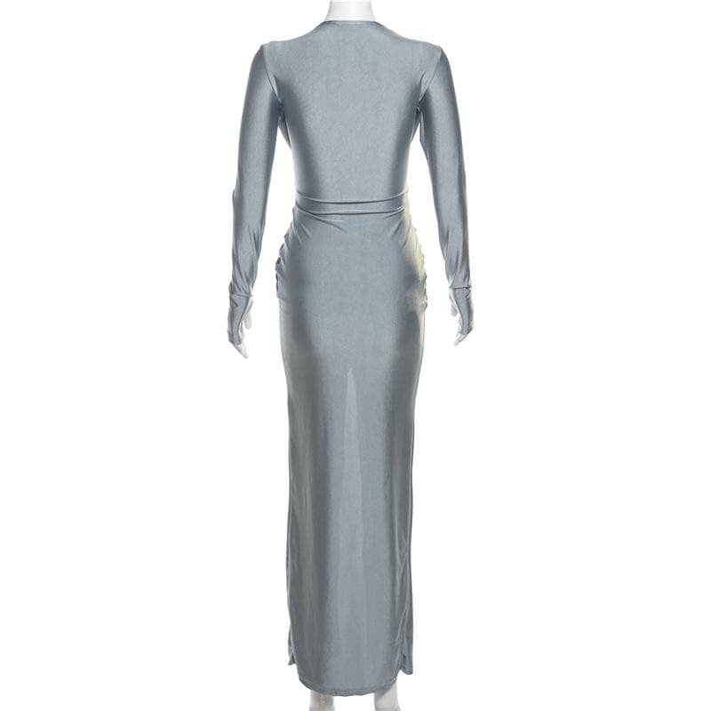 Knotted slit solid long sleeve ruched maxi dress