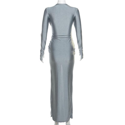 Knotted slit solid long sleeve ruched maxi dress