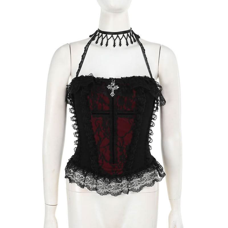 Halter lace hem cross pattern ruffle top