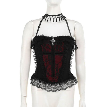 Halter lace hem cross pattern ruffle top