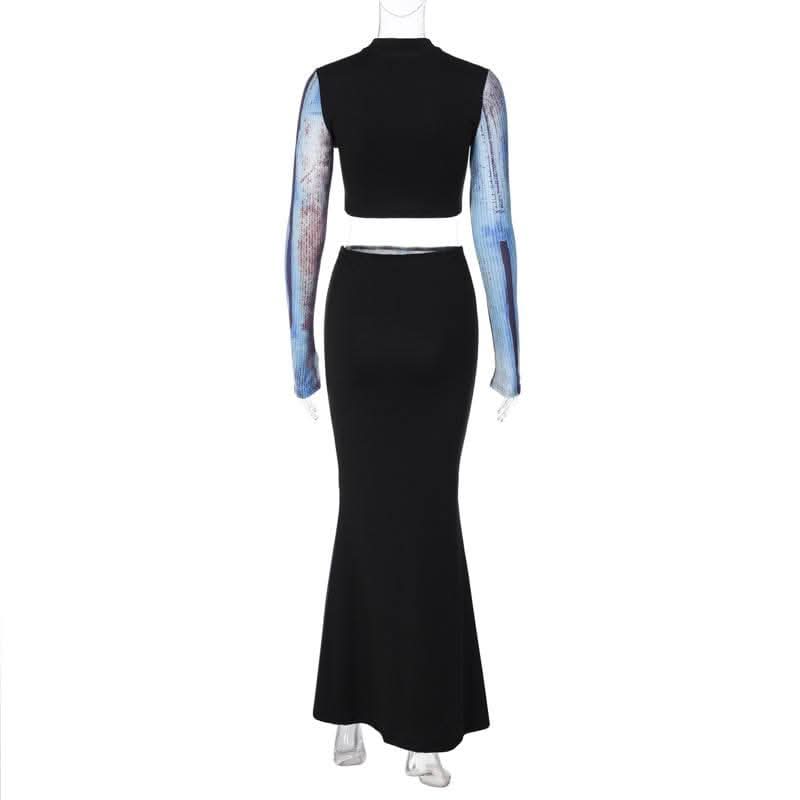 Contrast body print long sleeve high neck patchwork maxi skirt set-final-sale