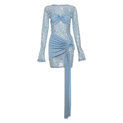 Long sleeve lace patchwork ruched mini dress