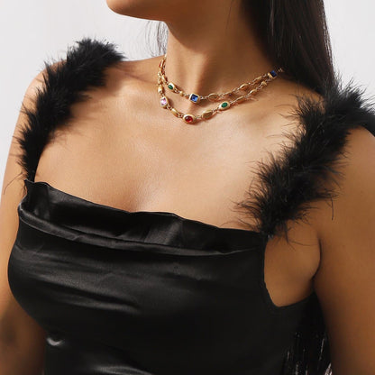 Multicolor rhinestone layered choker necklace