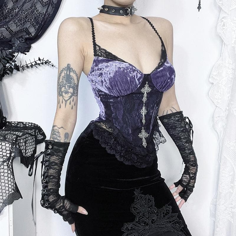 Metal cross lace velvet patchwork cami top