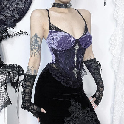 Metal cross lace velvet patchwork cami top