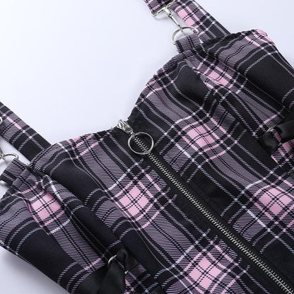Plaid Print Lace Up Side Tie Spaghetti Strap Mini Dress