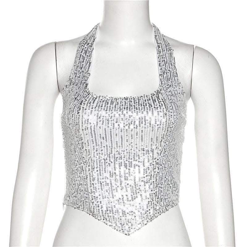 Beaded halter zip-up backless solid sleeveless crop top-final-sale