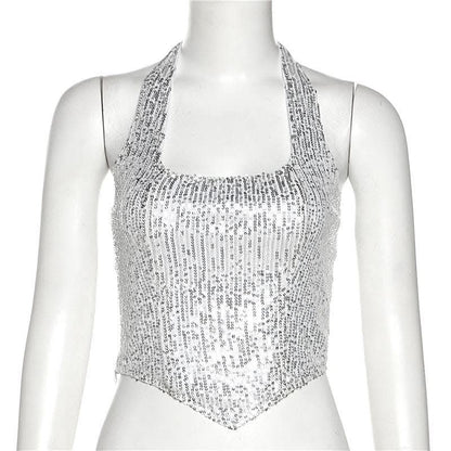 Beaded halter zip-up backless solid sleeveless crop top-final-sale