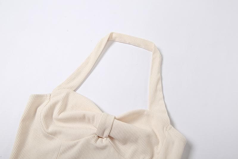 Sleeveless halter solid ribbed bowknot backless ruched crop top