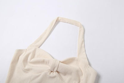 Sleeveless halter solid ribbed bowknot backless ruched crop top