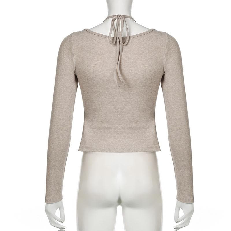 Long sleeve halter bowknot lace hem top