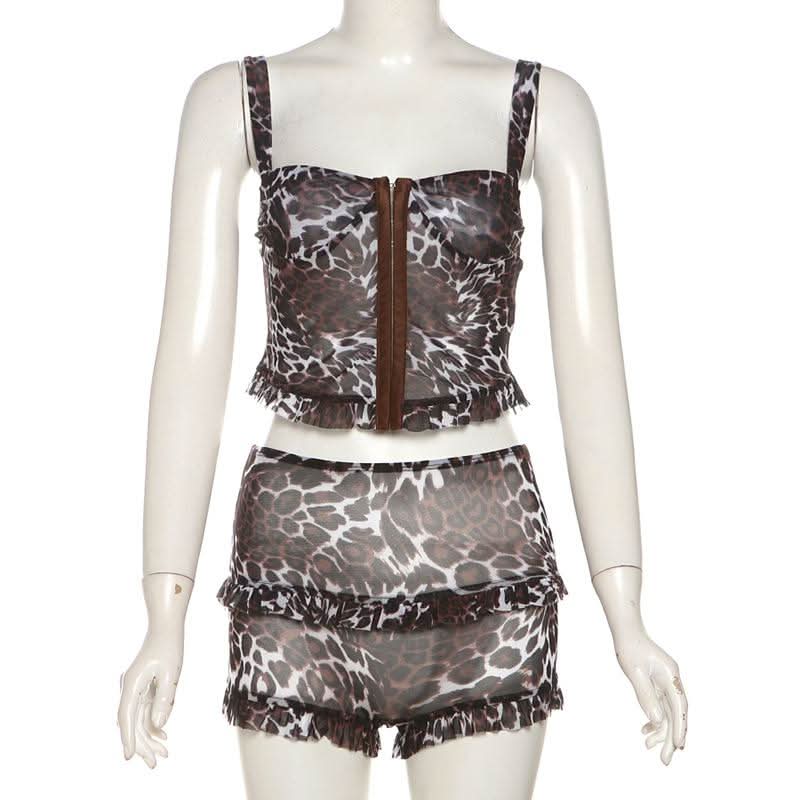 Leopard print mesh button cami short pant set