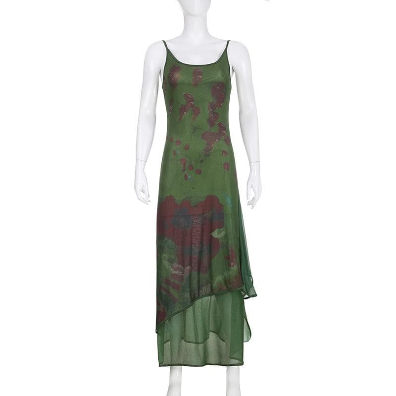 Scoop Neck Spaghetti Strap Mesh Overlay Abstract Floral Print Midi Dress