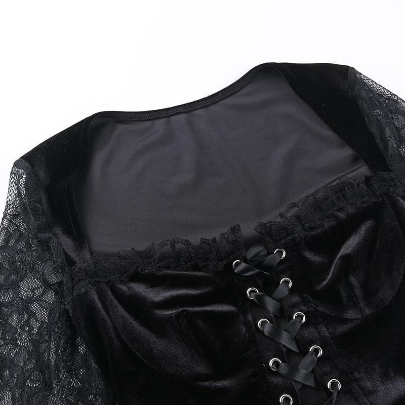 Long flared sleeve velvet lace patchwork ruffle lace up crop top