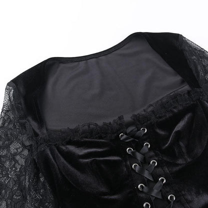 Long flared sleeve velvet lace patchwork ruffle lace up crop top