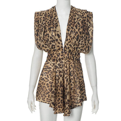 Halter deep v neck leopard print chiffon see through mini dress