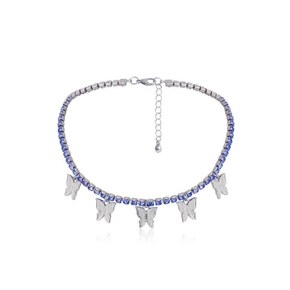Rhinestone butterfly pendant choker necklace