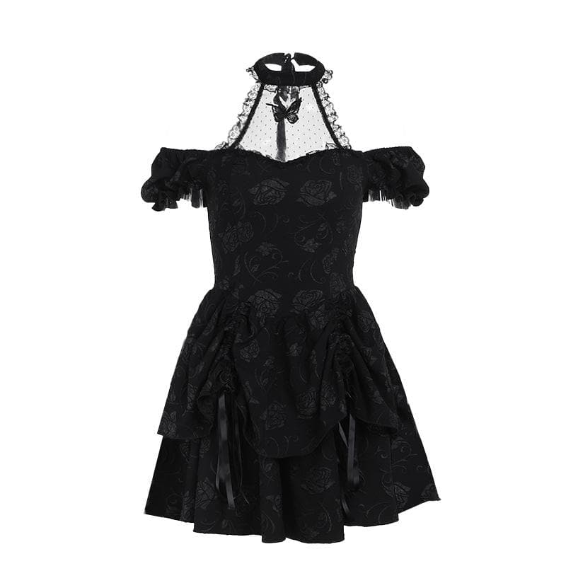 Short sleeve halter off shoulder butterfly flower pattern lace mini dress