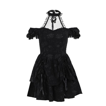 Short sleeve halter off shoulder butterfly flower pattern lace mini dress