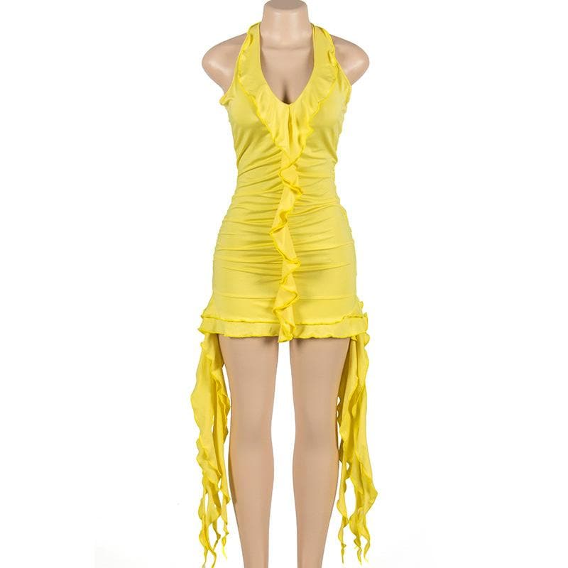 Self tie halter ruffle ruched v neck ribbon backless mini dress