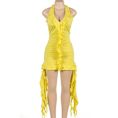 Self tie halter ruffle ruched v neck ribbon backless mini dress