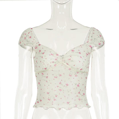 Short puff sleeve rose print lace hem ruched top