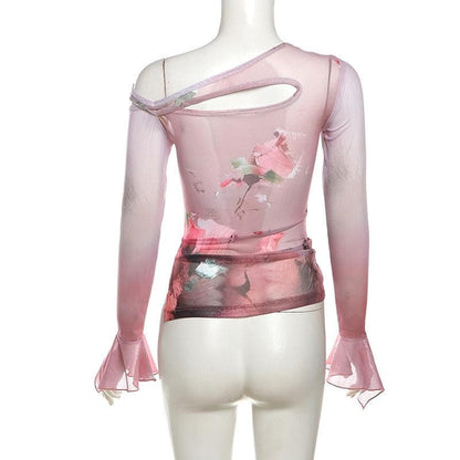 Long flared sleeve sheer mesh print top