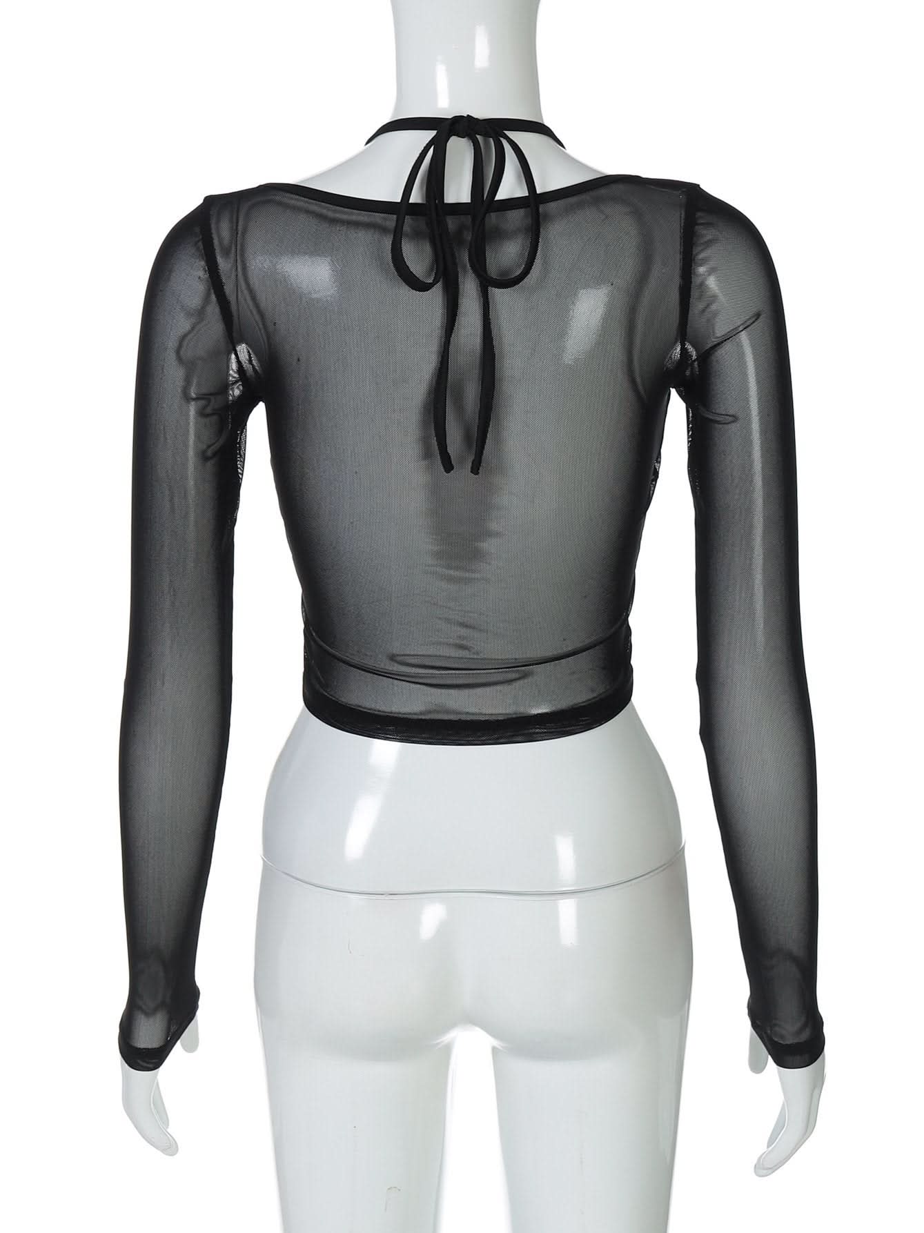 Halter long sleeve mesh lace hem button top