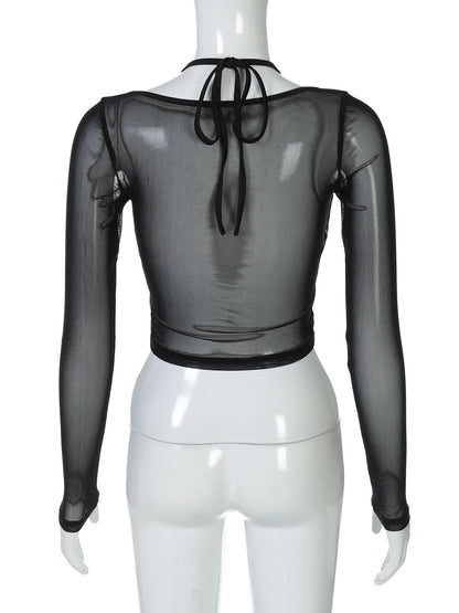 Halter long sleeve mesh lace hem button top