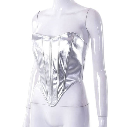 Metallic lace up corset backless tube top