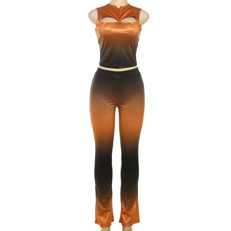 Sleeveless gradient crewneck ruched hollow out pant set