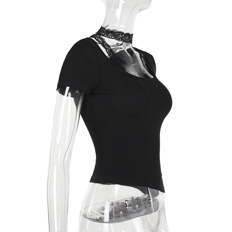 Short sleeve u neck halter lace irregular top