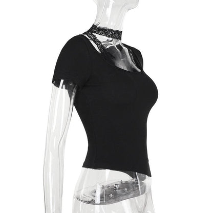 Short sleeve u neck halter lace irregular top