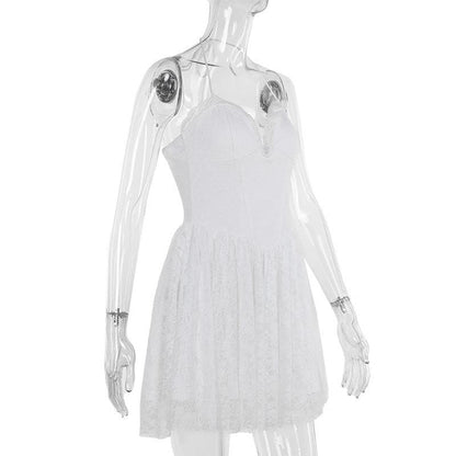 Halter lace up stitch lace backless mini dress